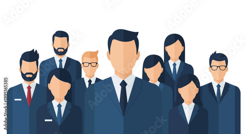 Professional Business Team and Leadership Concept Avatars. Corporate Group of Diverse Office Workers in Suits. Vector Flat Illustration.