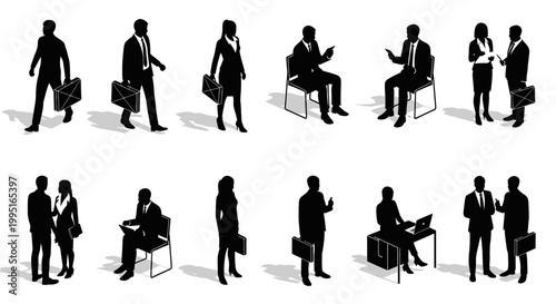 group of business people silhouettes in suits with briefcases in meeting and walking poses