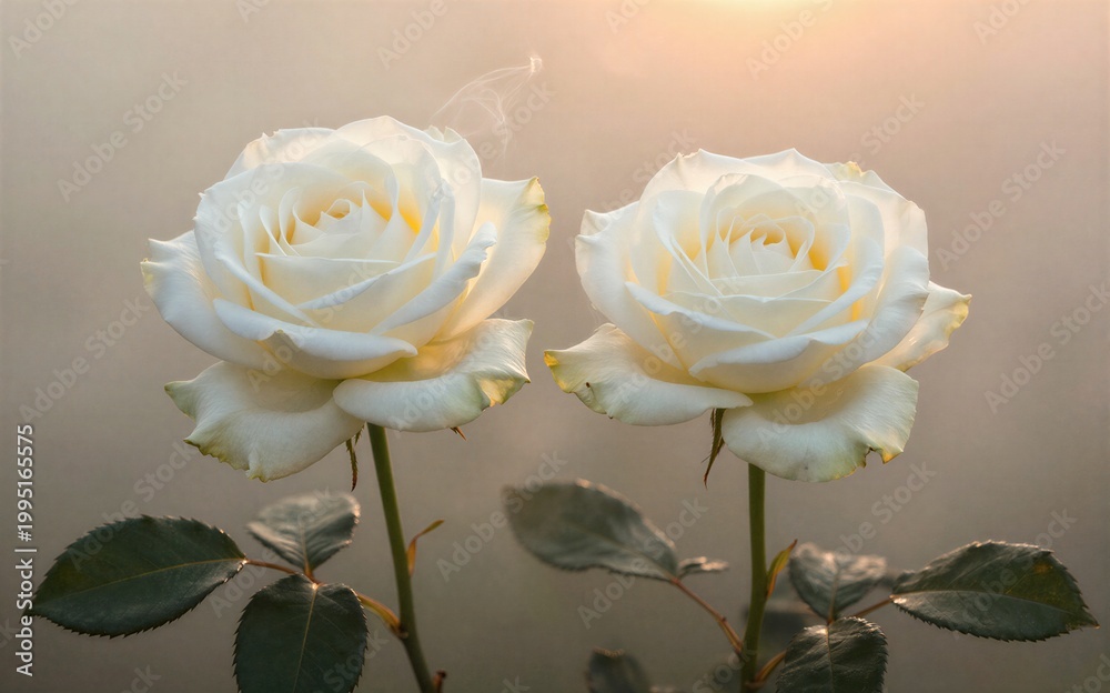 Obraz premium Two elegant white roses bloom gracefully with soft smoke curling