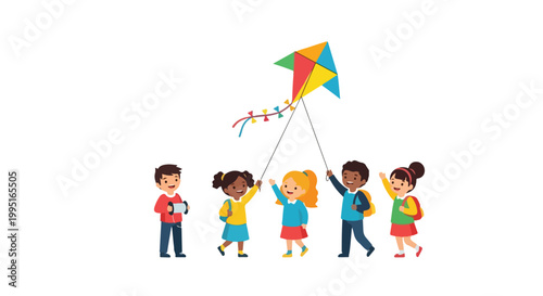 A group of diverse school children joyfully walks together while flying a bright, colorful kite in this clean vector illustration.