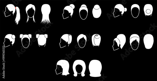 Styled hair looks silhouettes set including bun, ponytail, french twist, bouffant, beehive and modern updo styles, front side and back views, white shapes on black background for icons and UI