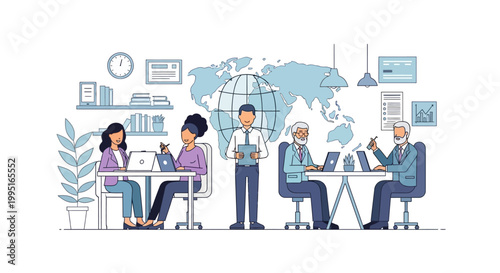 Global Business Team Working in Modern Office Flat Vector Illustration. International Collaboration, Remote Work, and Corporate Diversity Concept.