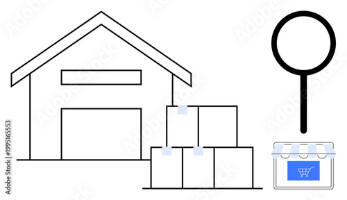 E-commerce, logistics, delivery services, online shopping, retail supply chain, inventory management. Warehouse and stacked packages with a magnifying glass and storefront. Logistics and e-commerce
