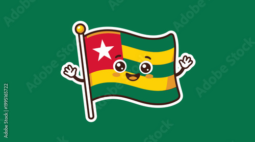 Cheerful Togo Flag Cartoon Character Smiling and Waving on Green Background.
