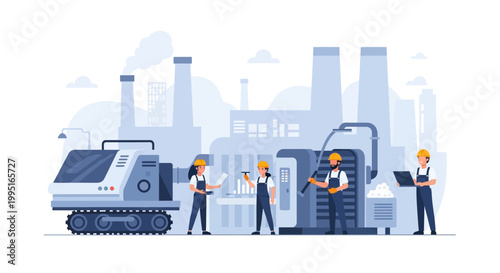 Industrial Factory Production Line with Workers and Heavy Machinery Flat Vector Illustration