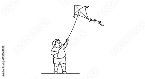Child Joyfully Flying a Kite on a Bright Sunny Day.