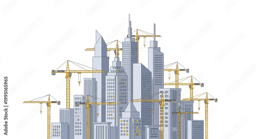 Obraz premium Modern City Skyline Under Construction with Tower Cranes and Skyscrapers Illustration Isolated on White Background. Concept of Urban Development, Growth, and Real Estate.