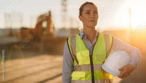 An adult woman in a safety vest holds a hard hat at a construction site, looking into the distance during a golden sunset. Generative AI.