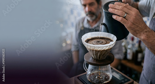 A middle-aged man pours hot water from a gooseneck kettle into a coffee dripper while another middle-aged man watches in a cafe. Generative AI.