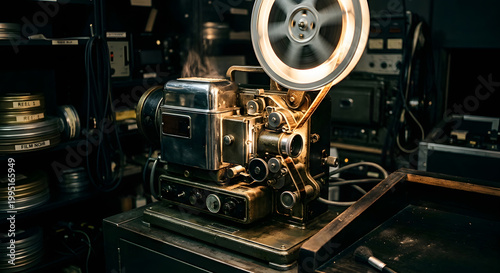 An antique film projector operates in a dark studio, its reels spinning with golden light and soft smoke rising from the lamp house. Generative AI.