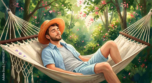 An adult man in a straw hat and light blue outfit sleeps peacefully in a hammock in a sunlit forest filled with blossoms. Generative AI.