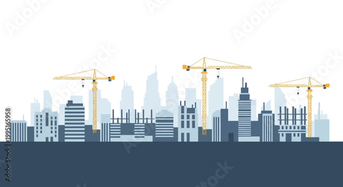 Modern City Construction Site Vector Illustration with Tower Cranes, Urban Growth, and Real Estate Development Concept Silhouette