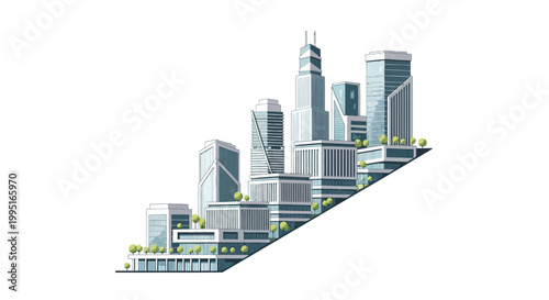Modern Isometric Cityscape with Skyscrapers Growing on Upward Slope - Real Estate Development and Economic Growth Illustration