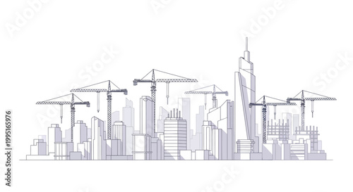 Modern City Skyline Under Construction with Tower Cranes, Architectural Line Art Illustration for Urban Development and Real Estate Concepts