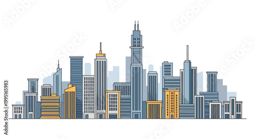 Modern City Skyline Illustration with Skyscraper Buildings in Flat Line Art Style for Web and Graphic Design Backgrounds