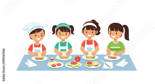 Four happy children wearing aprons sit at a light blue table, joyfully preparing fresh vegetable sandwiches with sliced tomatoes and cucumbers.