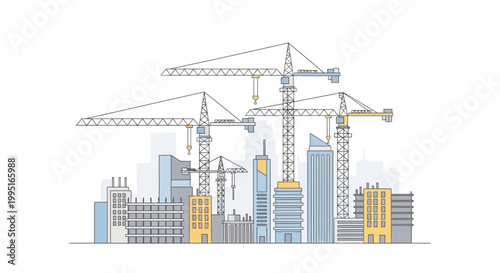 Construction Site Illustration with Tower Cranes and Modern City Skyscrapers Development Scene