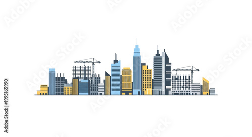 Flat Vector City Skyline with Construction Cranes and Modern Skyscrapers Isolated on White Background