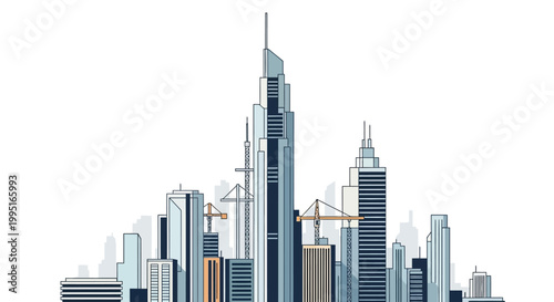 Modern Flat Vector City Skyline Illustration featuring Skyscrapers and Construction Cranes, Blue Minimalist Urban Landscape Design on White Background