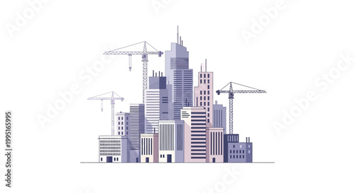 Modern Urban Construction Skyline Illustration with Skyscrapers and Cranes in Flat Design Style