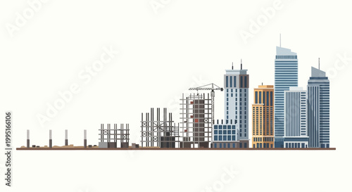 City Development Stages Vector Illustration: Construction Progress from Foundation to Modern Skyscrapers Skyline on White Background