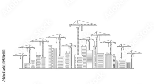 Modern City Skyline Construction Site with Tower Cranes Line Art Illustration. Urban Development and Architecture Building Concept.