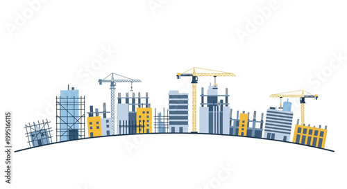 City Construction Site Vector Illustration with Tower Cranes and Buildings Under Development on White Background