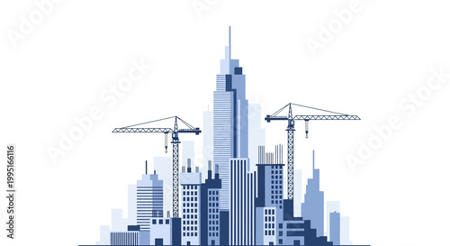 Modern Blue City Construction Skyline with Skyscrapers and Cranes Vector Illustration