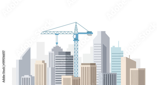 Modern Flat Vector Illustration of a City Skyline with Construction Crane for Urban Development and Real Estate Growth Concepts