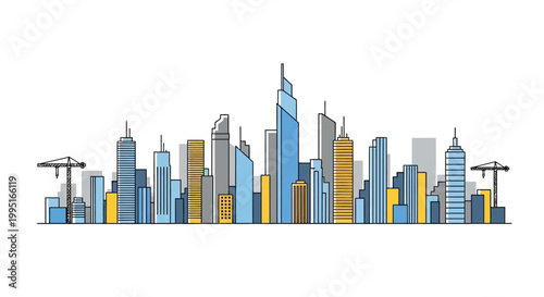 Modern City Skyline Vector Illustration with Skyscrapers and Construction Cranes in Minimalist Line Art Style