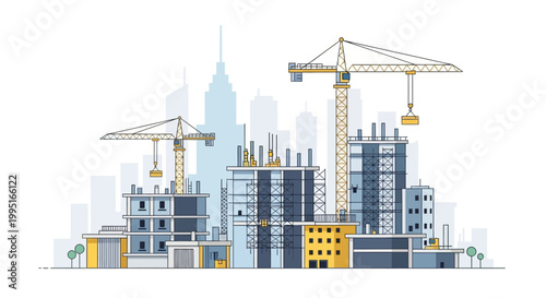 Modern City Construction Site with Tower Cranes and Buildings Under Development Flat Line Vector Illustration