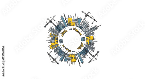 Circular City Skyline Illustration with Skyscrapers and Construction Cranes on White Background