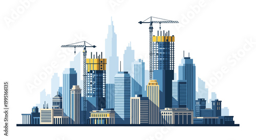 Modern City Skyline Construction with Tower Cranes and Skyscrapers Vector Illustration for Urban Development and Real Estate Projects