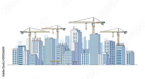 Modern City Skyline Under Construction Illustration with Tower Cranes and High-Rise Buildings, Flat Vector Concept of Urban Development and Real Estate Industry Growth