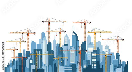 Modern City Skyline Construction with Yellow Cranes and Blue Skyscraper Silhouettes - Flat Vector Illustration