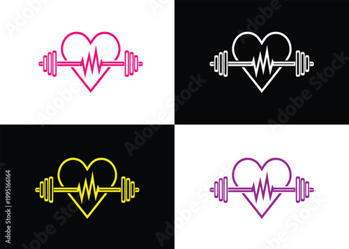 Gym Logo with Heartbeat Pulse Line, Fitness Health Club Emblem Design, Modern Medical Fitness and Wellness Branding Symbol