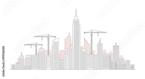 Modern City Skyline Under Construction with Tower Cranes Minimalist Line Art Illustration