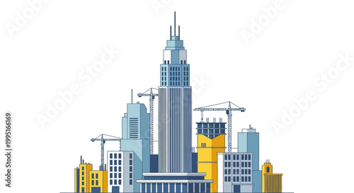 Modern City Skyline under Construction Flat Vector Illustration with Skyscrapers and Cranes