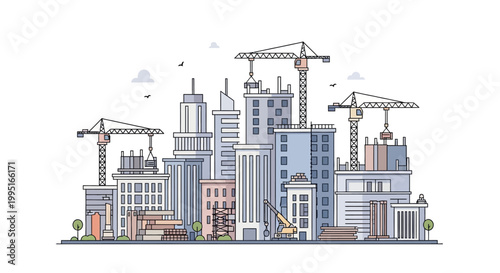Modern City Construction Concept with Skyscraper Development and Industrial Cranes in Flat Linear Vector Style