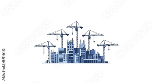 Modern Urban Construction Site Illustration with City Buildings and Tower Cranes, Real Estate Development Concept Vector