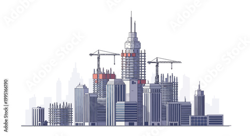 Modern City Skyline Under Construction Illustration with Skyscrapers and Cranes, Urban Development Concept