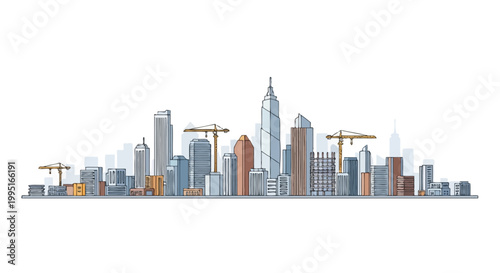 Modern City Skyline Illustration with Skyscrapers and Construction Cranes - Urban Development Concept