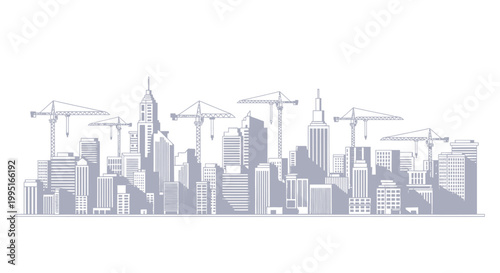 Modern City Skyline Illustration with Skyscrapers and Construction Cranes - Urban Development and Real Estate Growth Concept