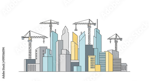 Modern City Skyline Under Construction Illustration with Cranes and Skyscrapers - Flat Design Urban Development Concept