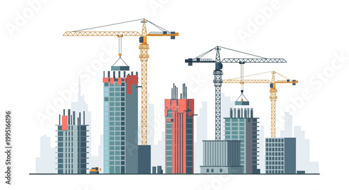 Construction Site with Skyscrapers and Tower Cranes, Flat Vector Illustration of Urban Development, City Building Project and Real Estate Growth
