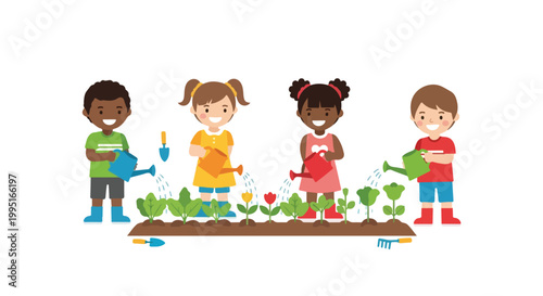Four diverse children are shown happily gardening and watering various plants and flowers in a long soil bed using colorful watering cans.