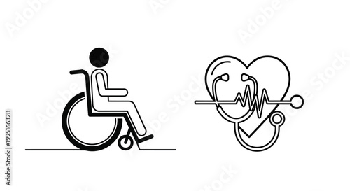 Healthcare support wheelchair and heartbeat line icons a stark silhouette