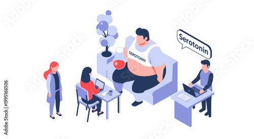 Isometric illustration of an obese patient with medical staff and serotonin bubble.