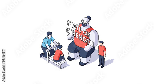Isometric Illustration of a Strong Man and Family Exercising Together.