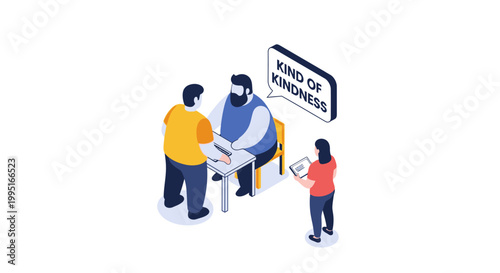 Isometric illustration of a therapy session with three people discussing kindness.